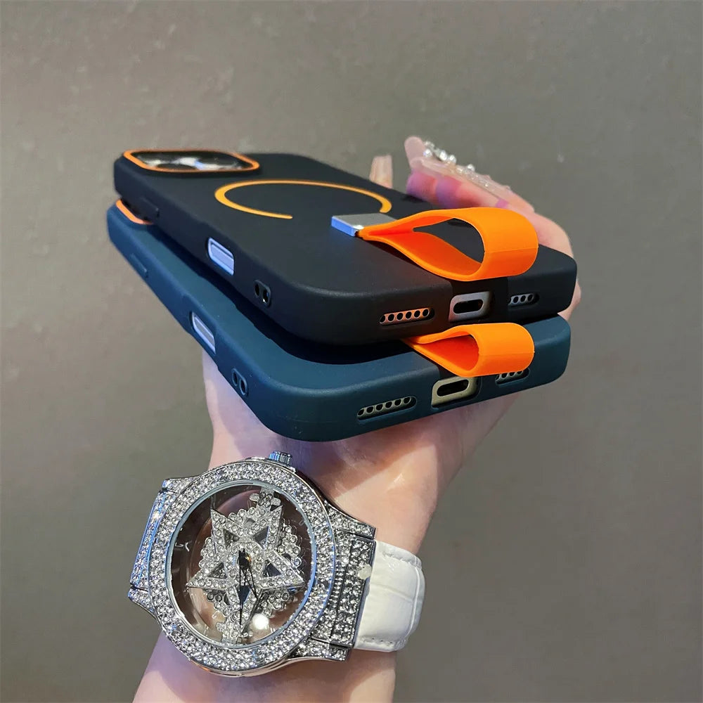 Soft Silicone Strap Magnetic Magsafe Phone Case For iPhone 14 15 16 Pro Max Plus 13 12 11 Wireless Charge Frosted Clashing Cover