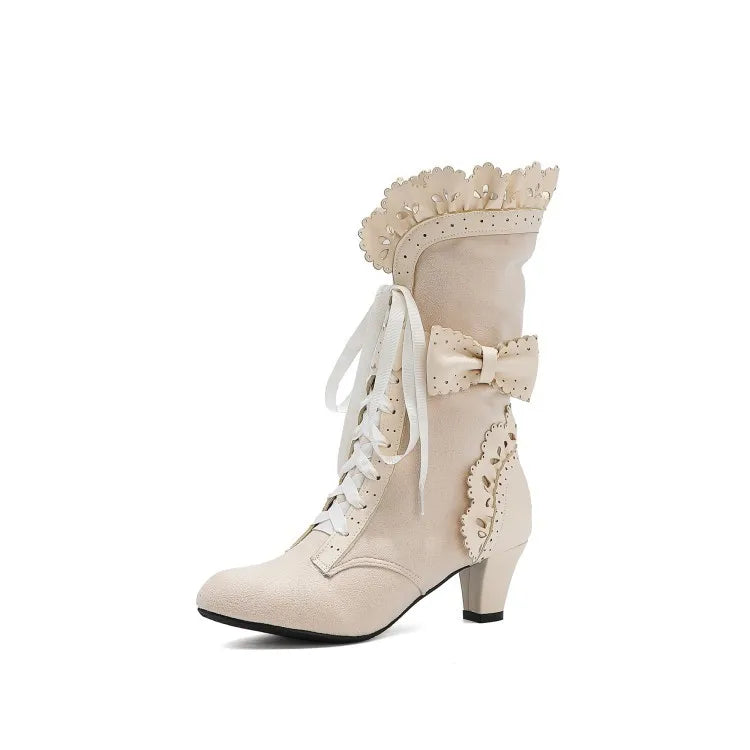 Bow High-heeled Boots Noble Women Shoes Retro Knight Boots Medieval PU Leather Ankle Boot Fashion Lady Cosplay High Heel Boots