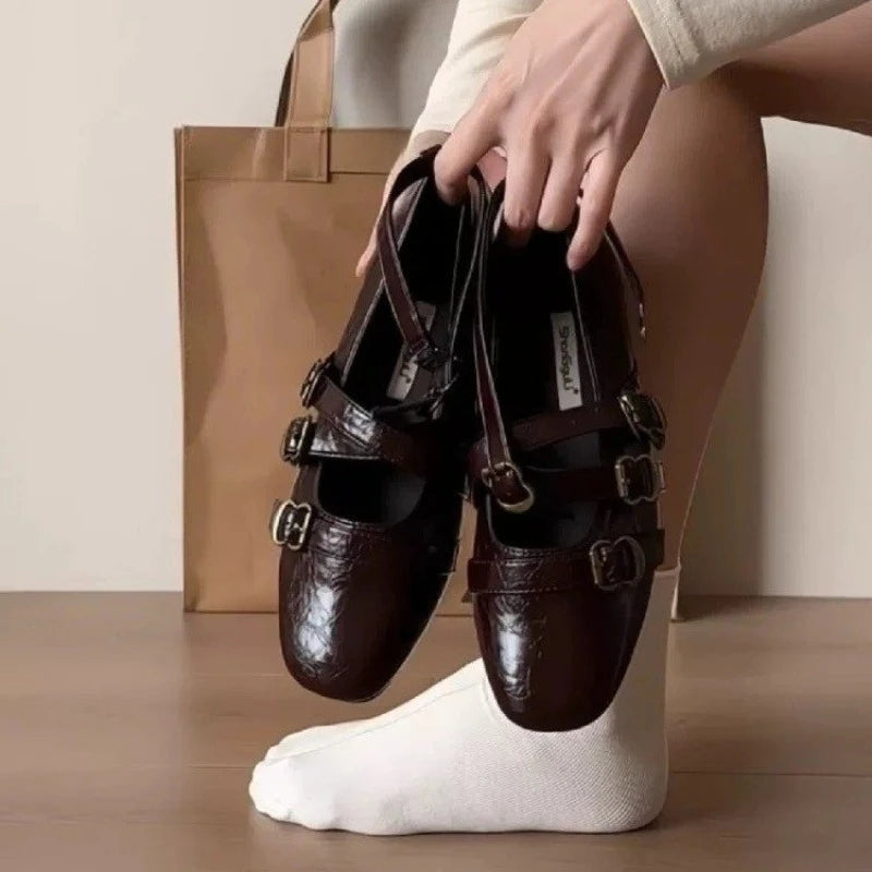 2025 New Square Toe Heightened Inner Mary Jane Women's Shallow Mouth One Buckle Women's Shoes Versatile Flat Single Shoes
