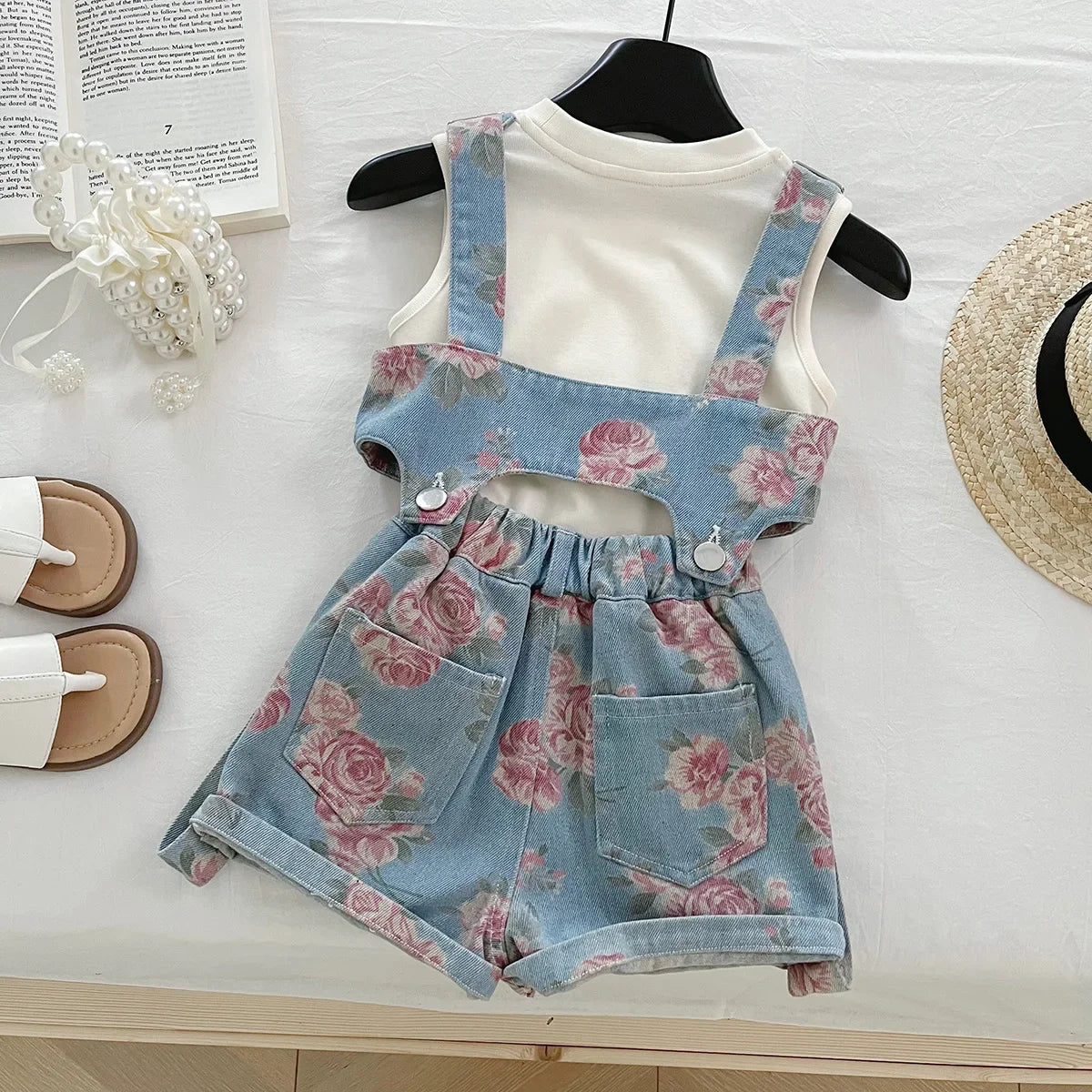 3PCS Summer Floral Girls Denim Tops Overalls Set with Thin Inner T-shirt Outfit for 2-10 Years Children Girls Cool Outfit