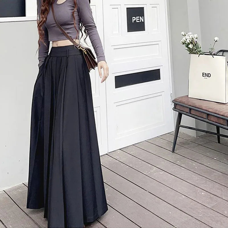 Black Pleated Skirts Women Elegant Elasticated Waist Floor Length Dress Fashion Casual Streetwear Peppy Style Bottoms