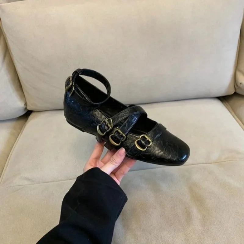 2025 New Square Toe Heightened Inner Mary Jane Women's Shallow Mouth One Buckle Women's Shoes Versatile Flat Single Shoes