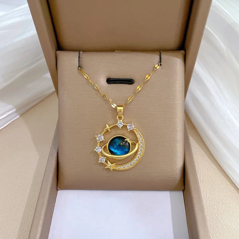 Top Luxury Colorful Crystal Ocean Heart Pendant Necklace For Women Trendy 316L Stainless Steel Jewelry Female Wedding Neck Chain