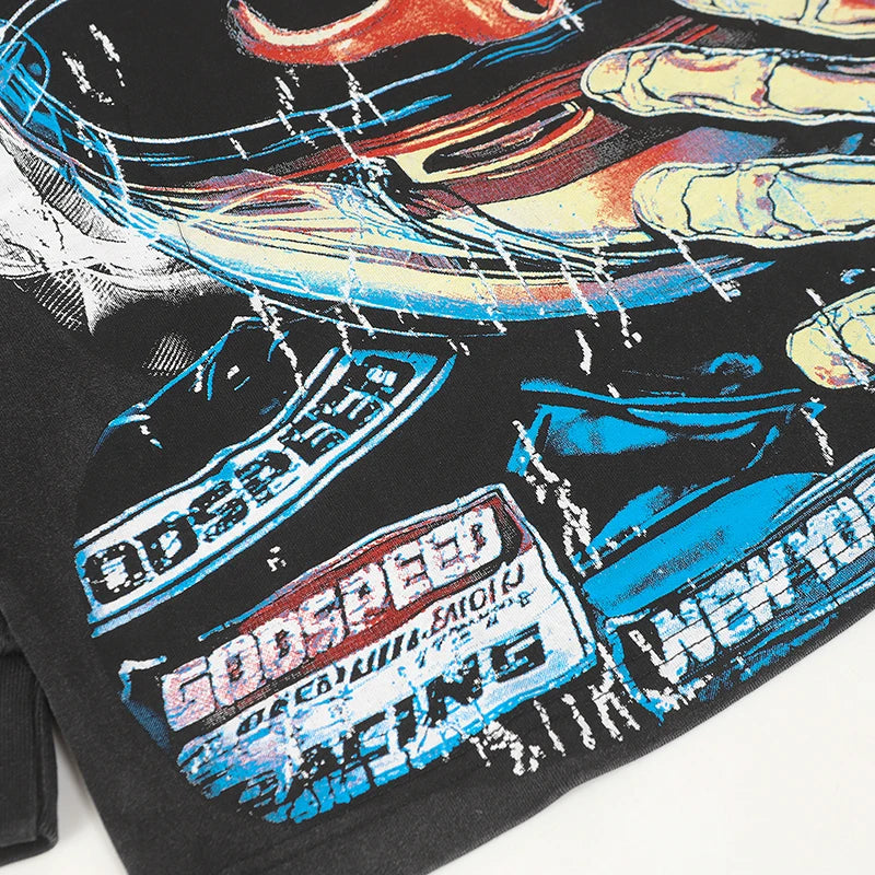 American Streetwear Godspeed Long Sleeve Skeleton Racer Print Washed Do Old Loose Casual Long-sleeved Men Women T-Shirt