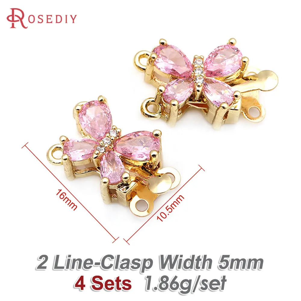 4 Sets 18K Gold Color Brass and Zircon Butterfly 1 Line and 2 Line Necklaces Connect Clasps Diy Jewelry Making Accessories