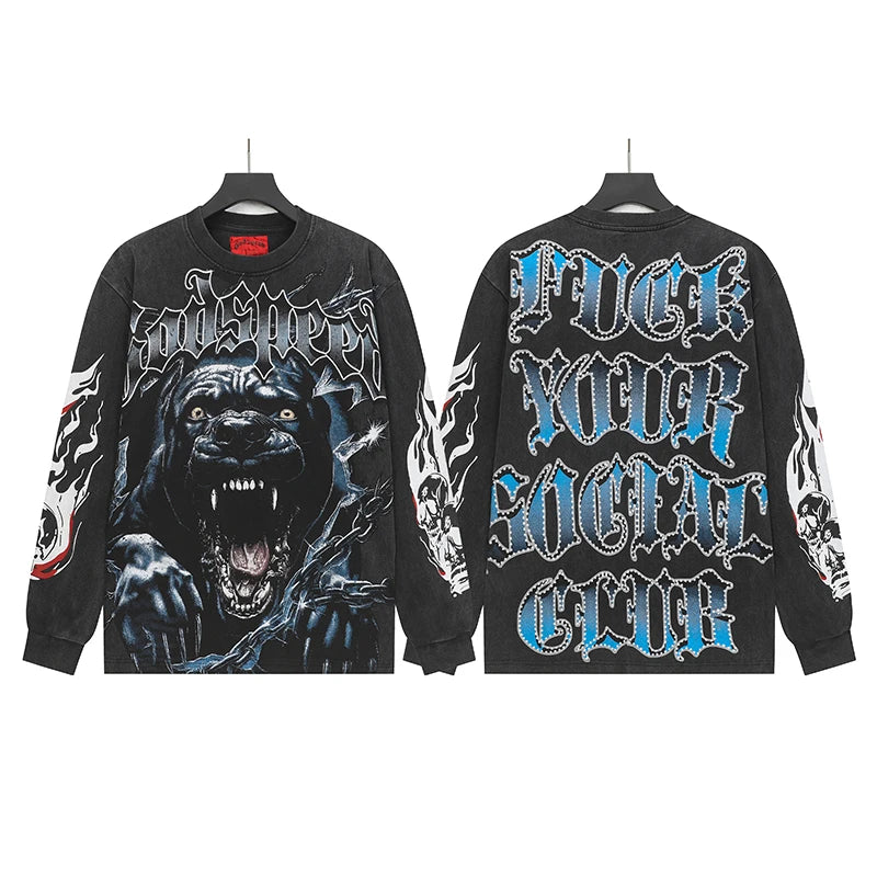 American Streetwear Godspeed Long Sleeve Skeleton Racer Print Washed Do Old Loose Casual Long-sleeved Men Women T-Shirt