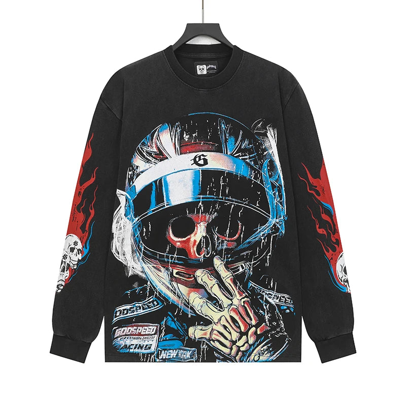 American Streetwear Godspeed Long Sleeve Skeleton Racer Print Washed Do Old Loose Casual Long-sleeved Men Women T-Shirt