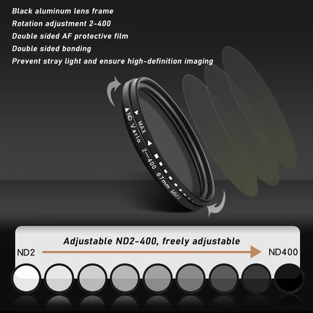 67mm Clip-on ND2-400 Phone Camera Lens Filter Kit Adjustable Neutral Density Filter for iPhone 16 15 14 13 12 11 Android Phone