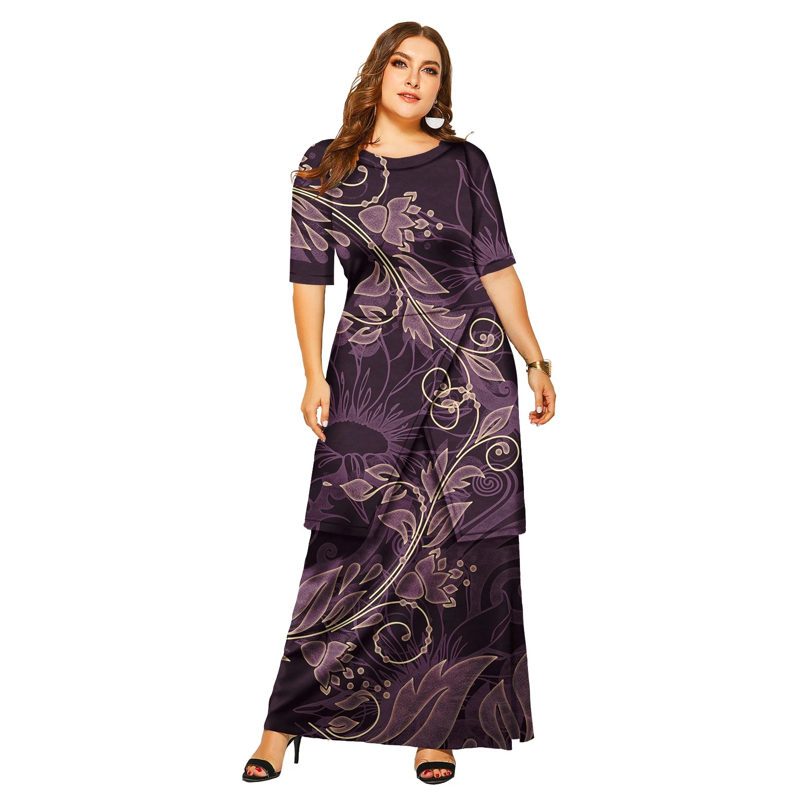 New Fashion Floral Sleeve Elegant Women Long Dress Pacific Island Hawaiian Beach Wear Puletasi Dresses