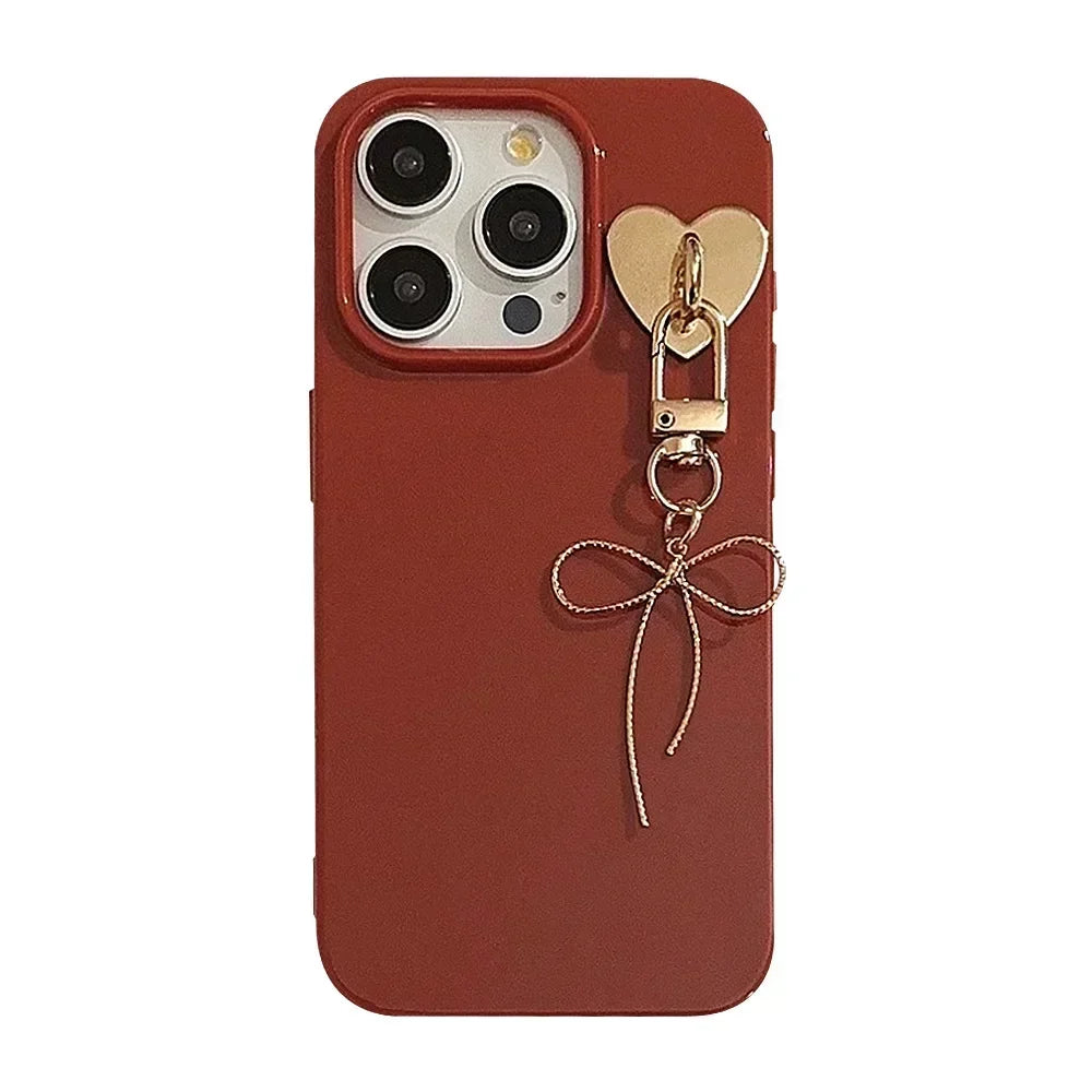 Korean Cute Bow Pendant Chain Red Phone Case For iPhone 16 15 14 13 12 11 Pro Max Xsmax XR X Shockproof Soft Back Cover Coque