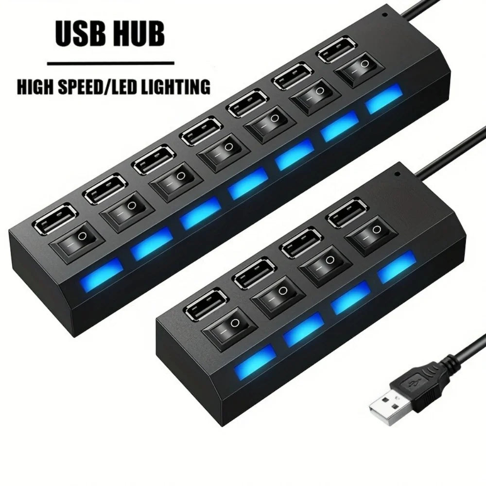 USB 2.0 Hub 4/7 Port Splitter Power Adapter With ON/OFF Switch Multiple Expander HUB For PC Laptop MacBook Desktop Accessories
