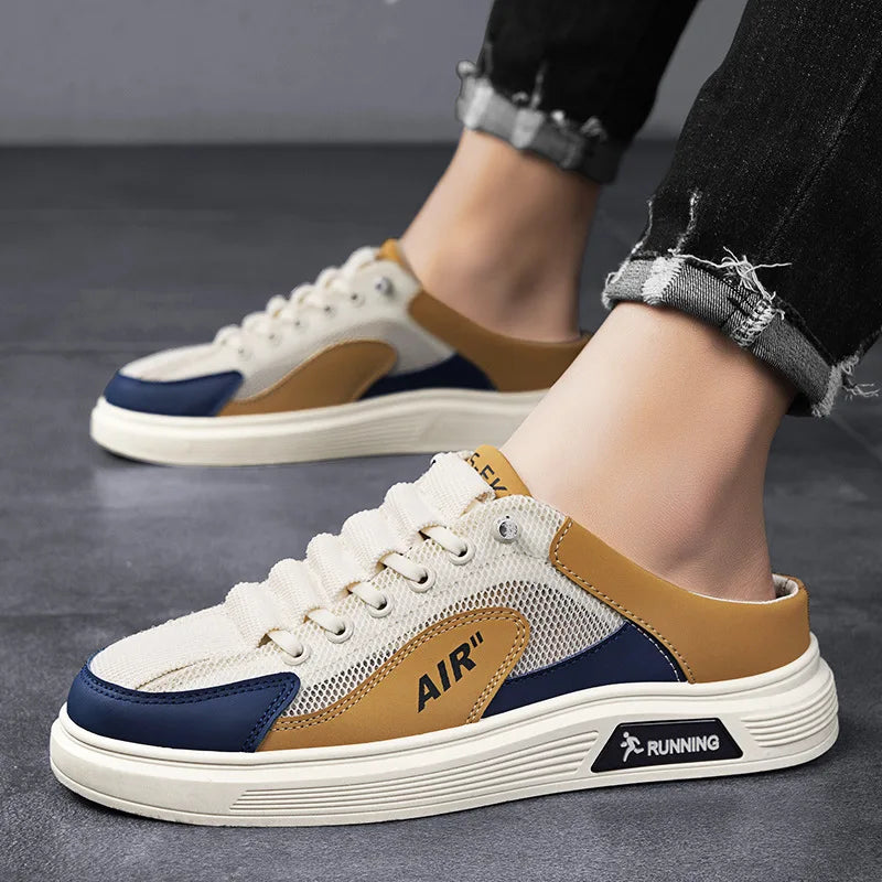 Half Slippers Men Low-top Canvas Shoes Casual Breathable Sneakers Korean Style Autumn Lace Up Casual Non-slip Trainers