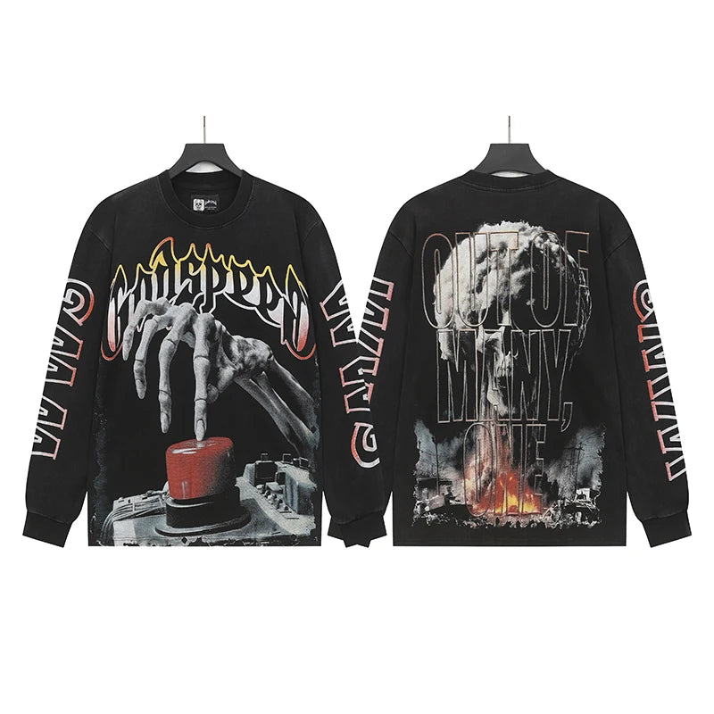 American Streetwear Godspeed Long Sleeve Skeleton Racer Print Washed Do Old Loose Casual Long-sleeved Men Women T-Shirt