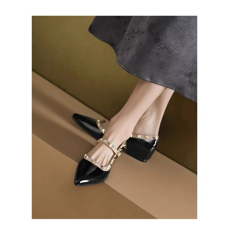 Patent Leather Mary Jane Shoes Soft Sole Skinny Pointed Toe Single Shoes One Word Rivet Women's Shoes Wine Red