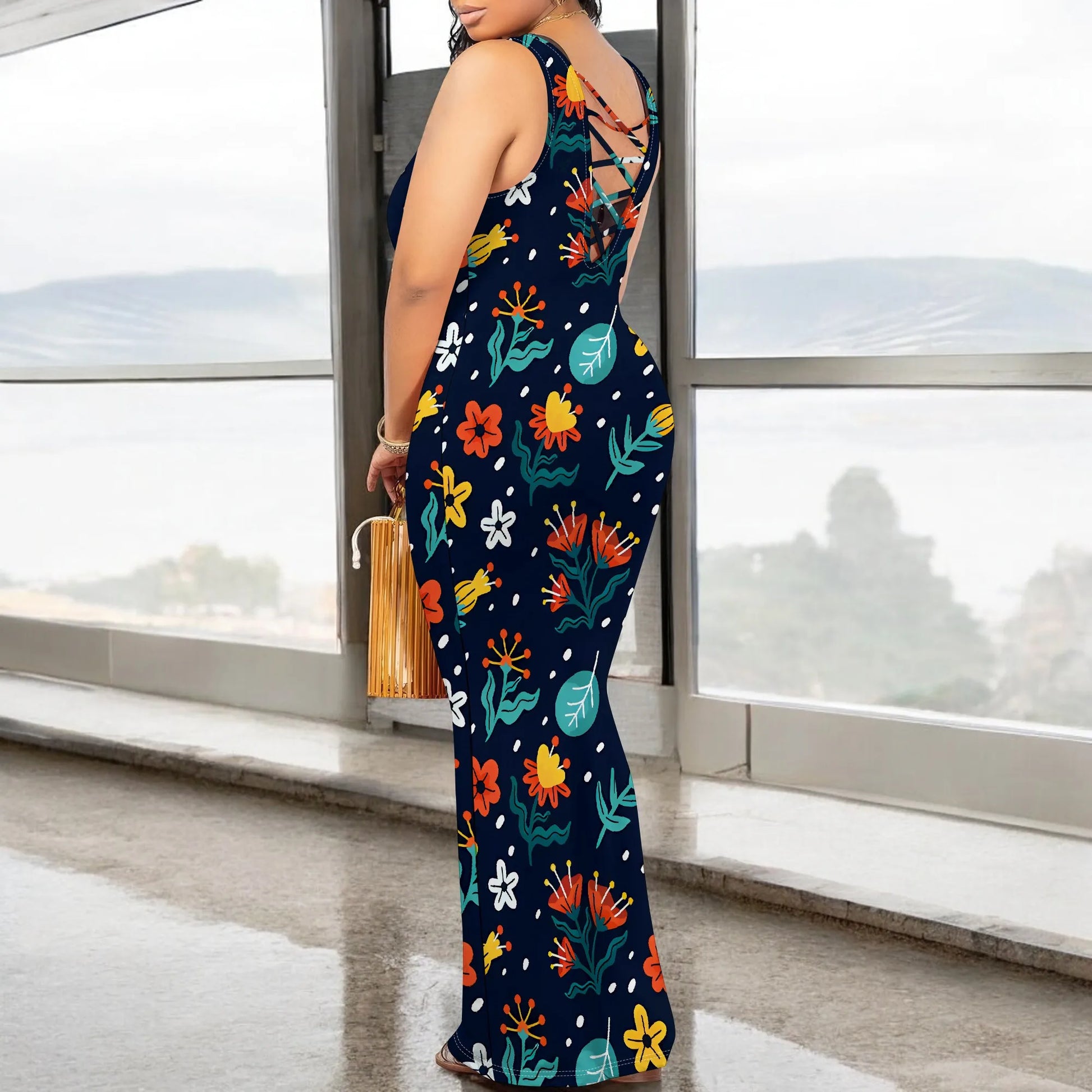 Women's 2025 spring and summer sleeveless knee length dress with hollowed out pullover, butterfly print beach casual dress