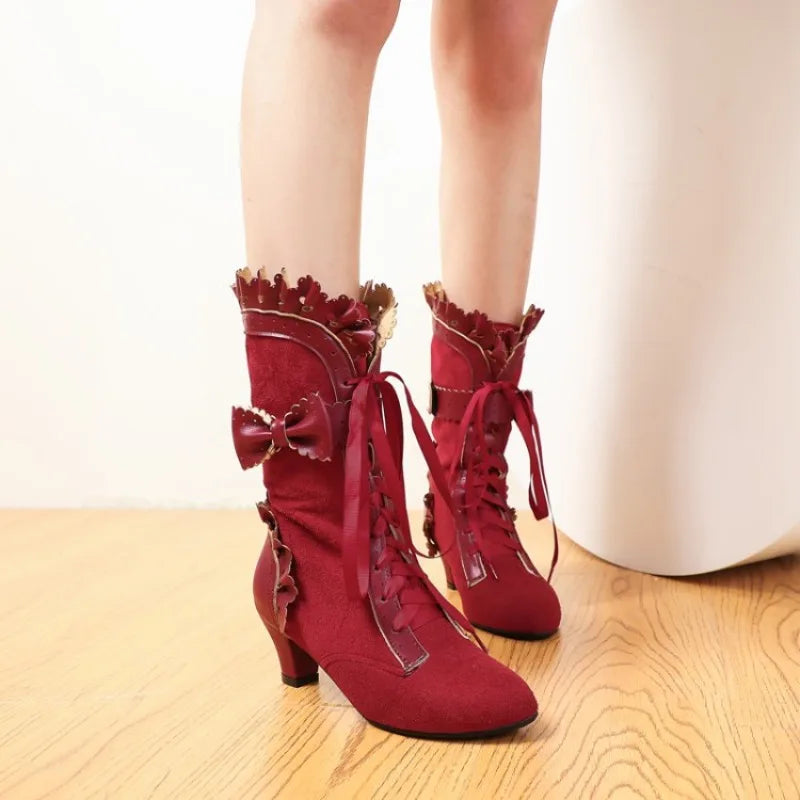 Bow High-heeled Boots Noble Women Shoes Retro Knight Boots Medieval PU Leather Ankle Boot Fashion Lady Cosplay High Heel Boots