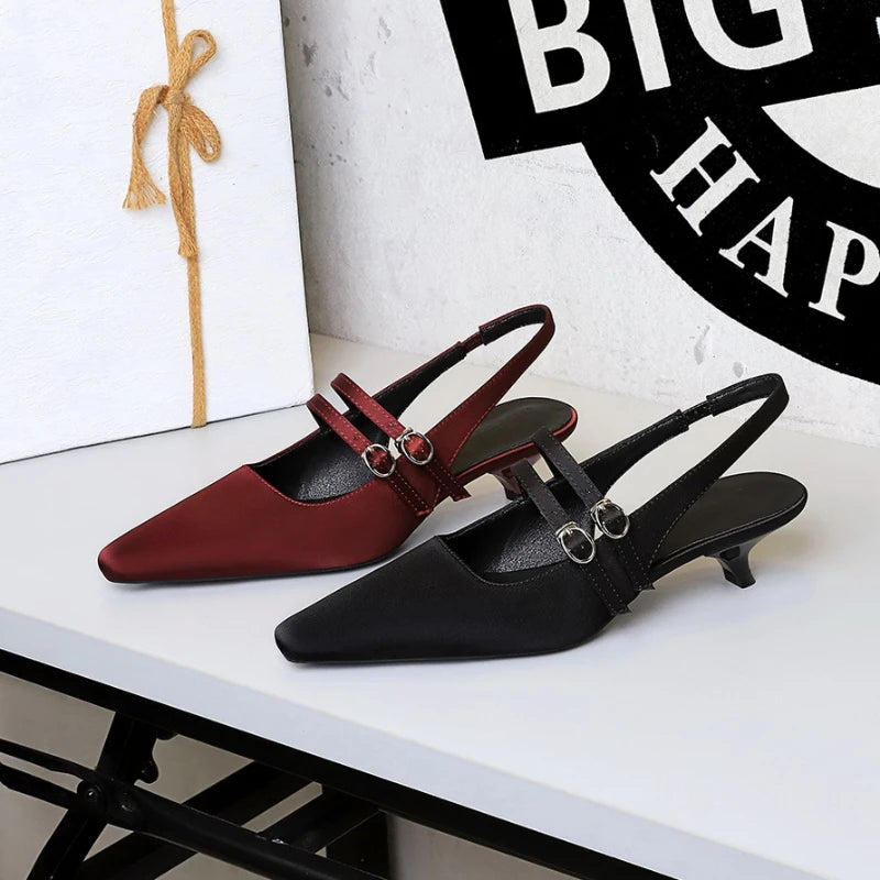 Korean Style Pointed One-Length Strap Back Empty Shoes Comfortable Low Heel Single Shoes Shallow Mouth Wine Glass Heel Silk
