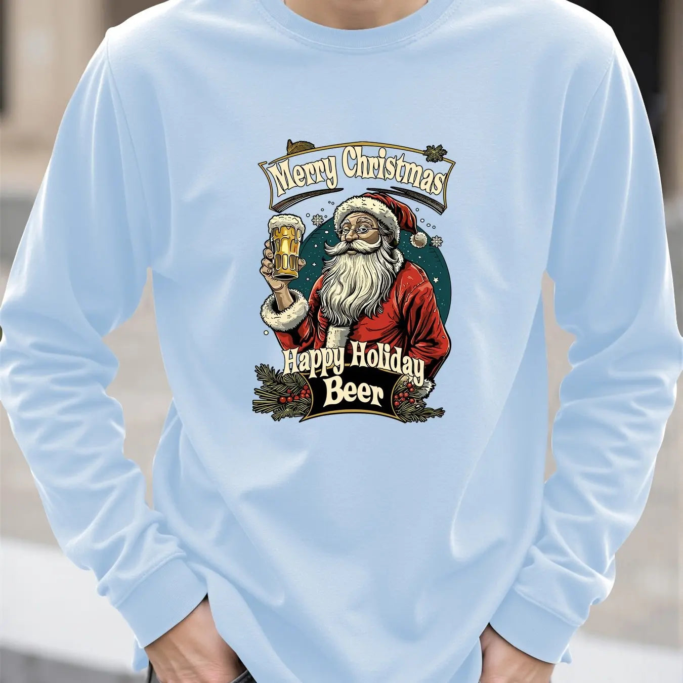 Santa Claus Pattern Men's Long Sleeve T-shirt Funny Christmas Tree Print Loose Tops Autumn Fashion X'mas Tees New Year Clothing