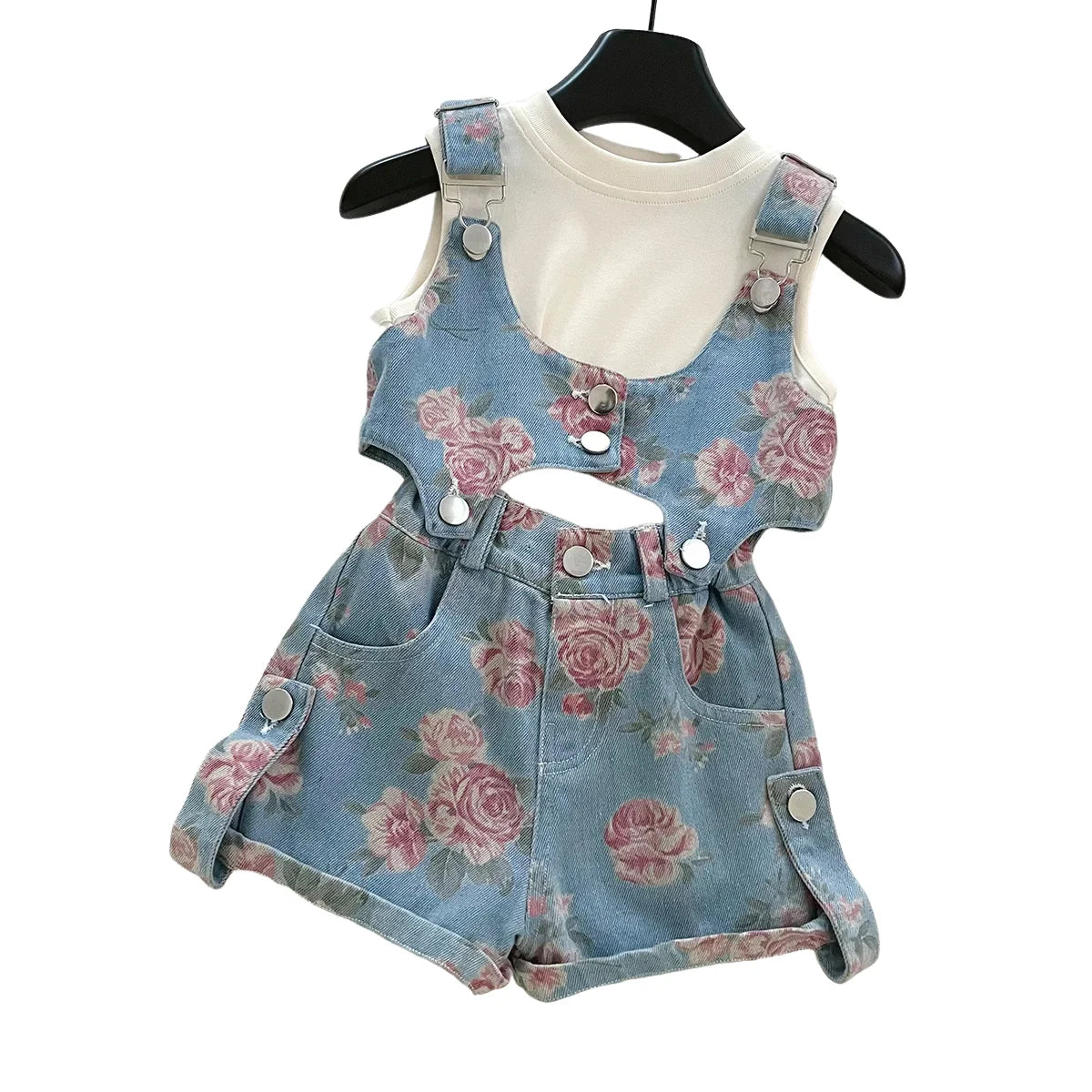 3PCS Summer Floral Girls Denim Tops Overalls Set with Thin Inner T-shirt Outfit for 2-10 Years Children Girls Cool Outfit
