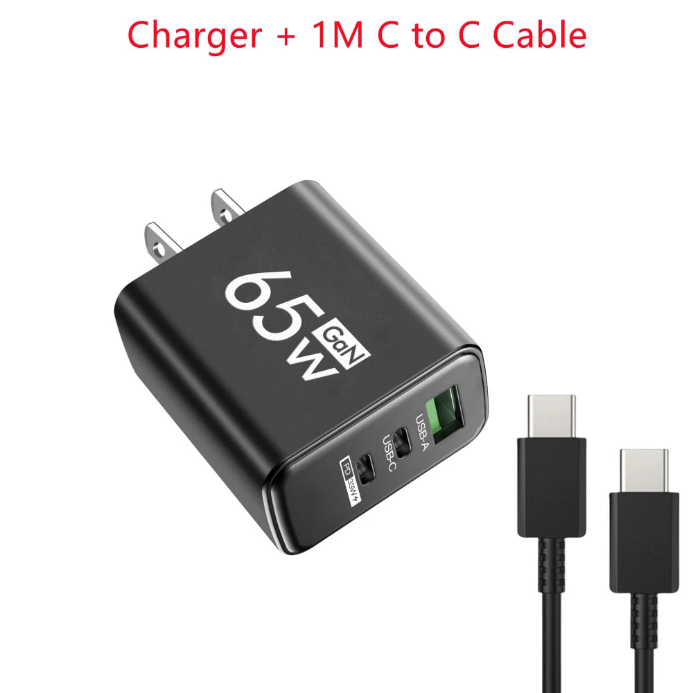 65W 3 Ports GaN USB PD Charger Fast Charging Type C Mobile Phone Adapter Quick Charger 3.0 For iPhone 15 Samsung Xiaomi Huawei