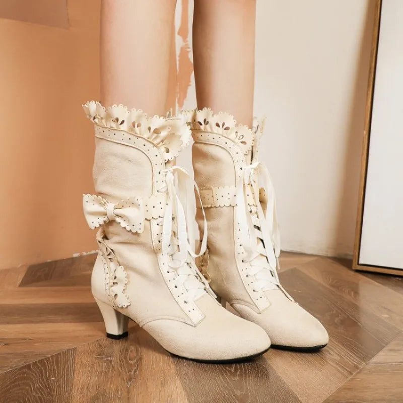Bow High-heeled Boots Noble Women Shoes Retro Knight Boots Medieval PU Leather Ankle Boot Fashion Lady Cosplay High Heel Boots