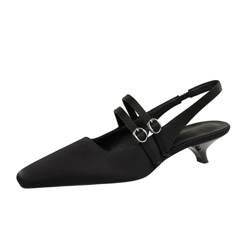 Korean Style Pointed One-Length Strap Back Empty Shoes Comfortable Low Heel Single Shoes Shallow Mouth Wine Glass Heel Silk