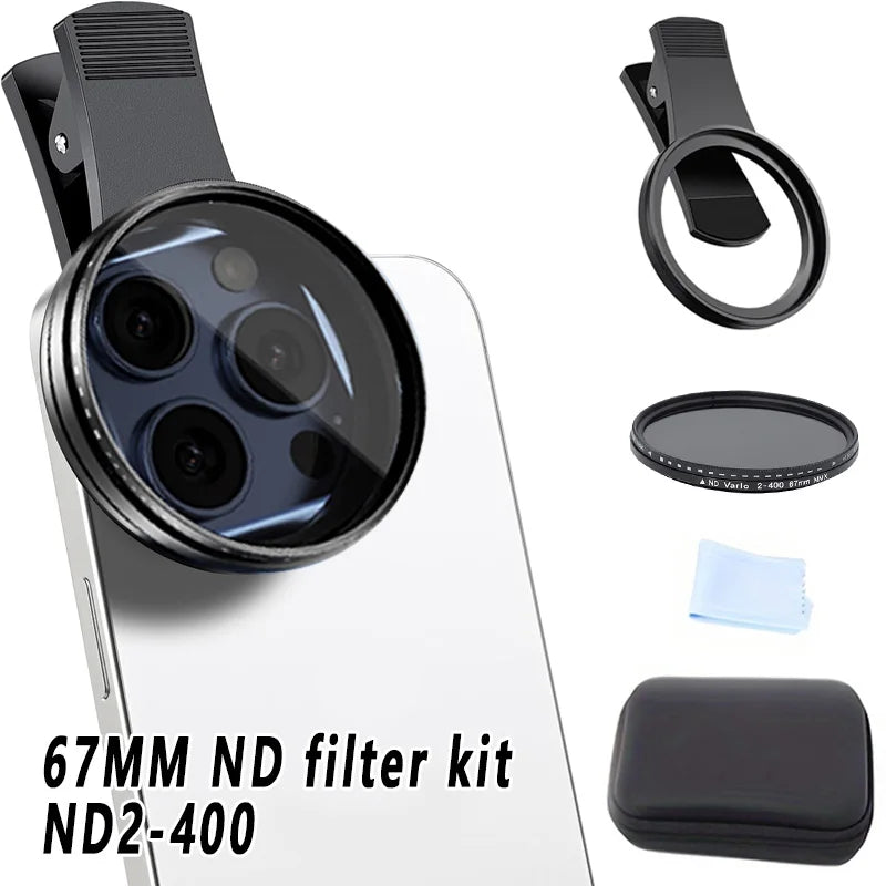 67mm Clip-on ND2-400 Phone Camera Lens Filter Kit Adjustable Neutral Density Filter for iPhone 16 15 14 13 12 11 Android Phone