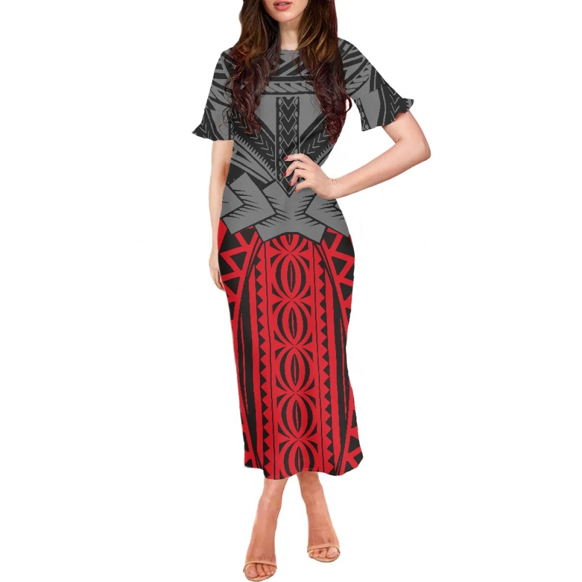 Summer Flowers Polynesian Tiare Monoi Tattoo Dress Hawaiian Style Women's Ruffle Short Sleeve Dress Casual Clothing