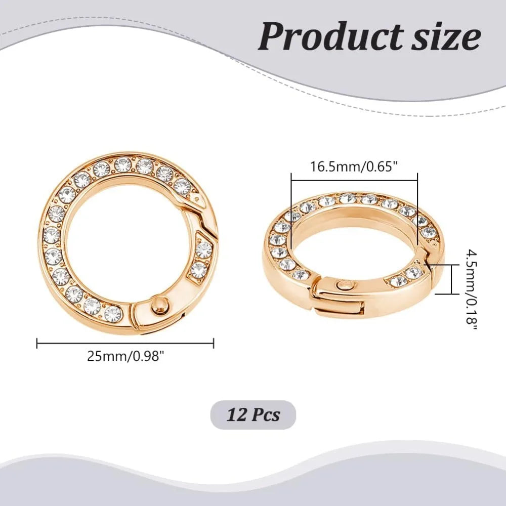 12pcs Metal Rhinestone Spring O Rings Alloy Spring Gate Ring with Rhinestone Rings Round Keychain Buckle Gate Rings 25mm