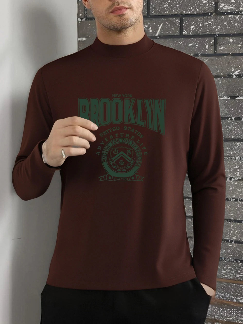 Brooklyn United States Printed T-Shirts Men Autumn Long Sleeves Bottoming Shirt Slim Fit Warm Half Turtleneck Tops Basic Clothes