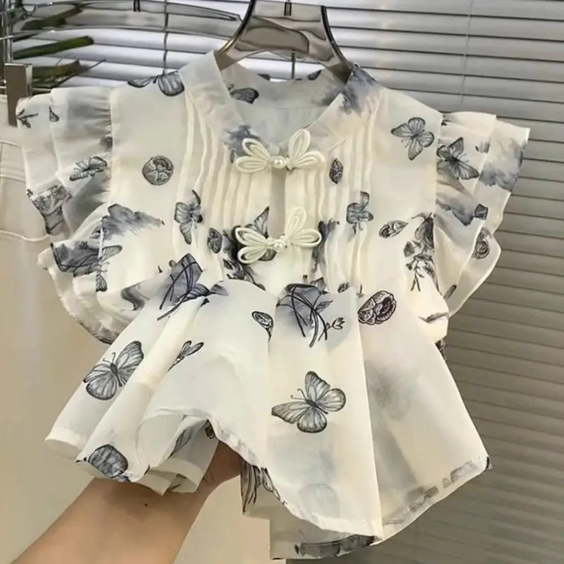 Chinese Style Top for Women Retro Style Small Flying Sleeve Chiffon Floral Shirt Summer Top