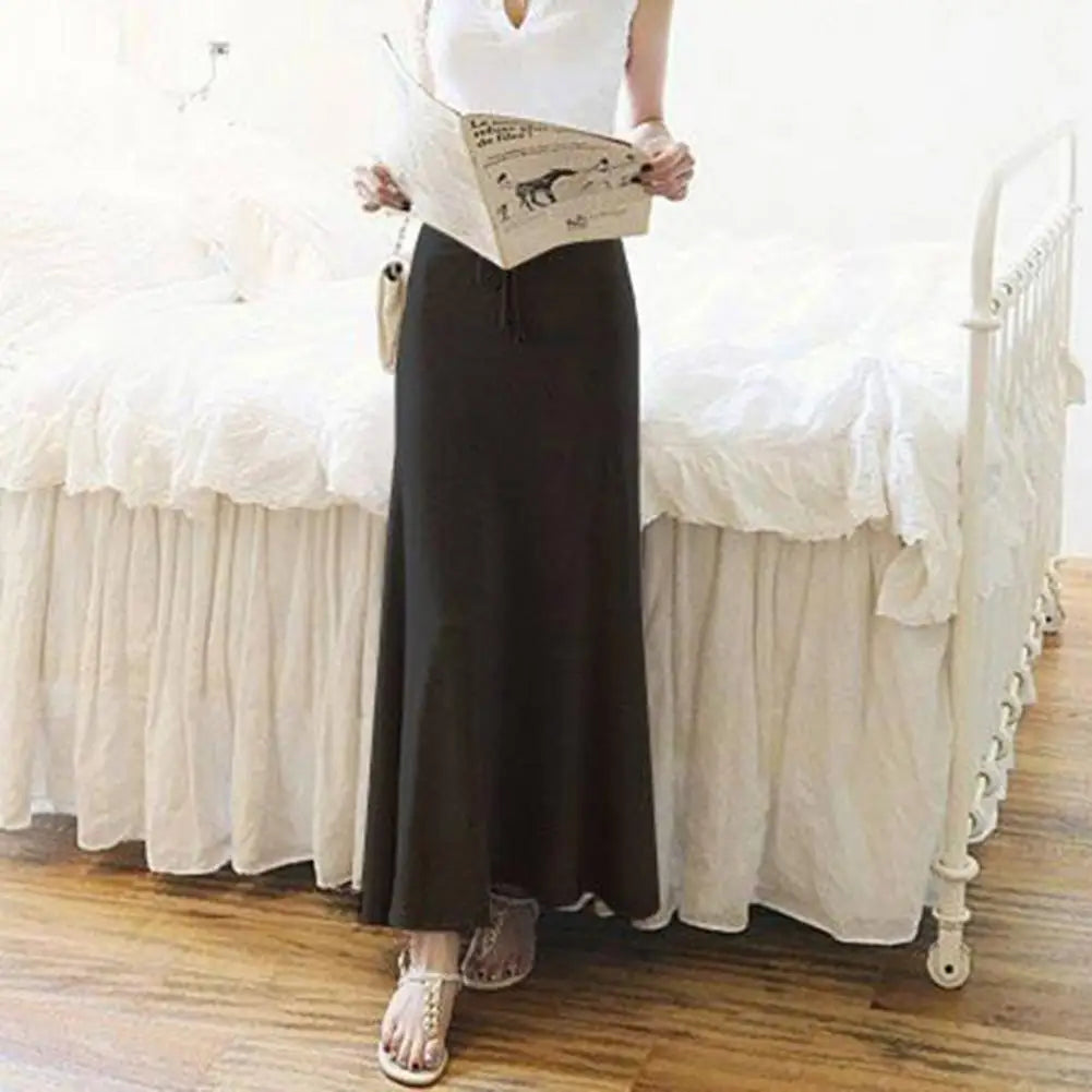 Maxi Skirt forAdjustable Drawstring High Waist Side Slit Large Hem Long Skirt Solid Color A-Line Skirt