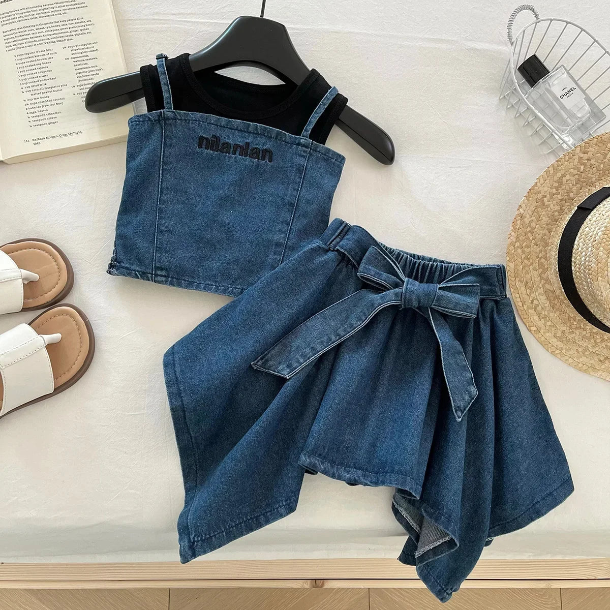 3PCS Summer Fashion Denim Style Toddler Girl Denim Set Embroidered Top & Skirt Cute Trendy Outfit 2-10 Years Old Girls Outfit