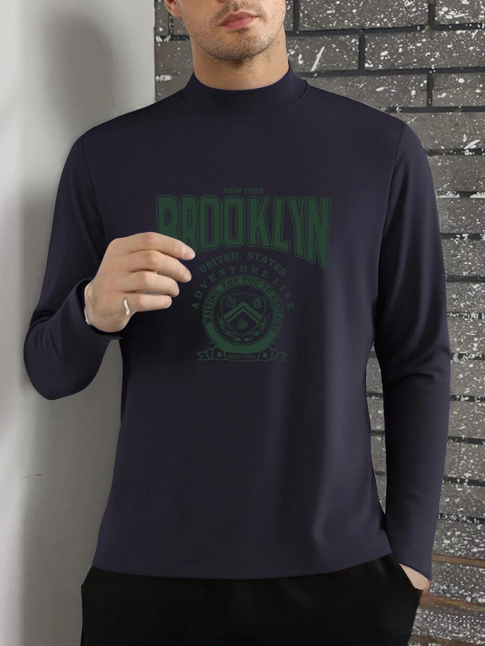 Brooklyn United States Printed T-Shirts Men Autumn Long Sleeves Bottoming Shirt Slim Fit Warm Half Turtleneck Tops Basic Clothes