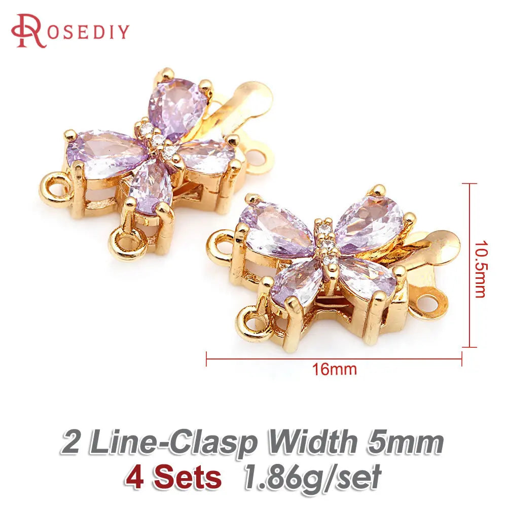 4 Sets 18K Gold Color Brass and Zircon Butterfly 1 Line and 2 Line Necklaces Connect Clasps Diy Jewelry Making Accessories