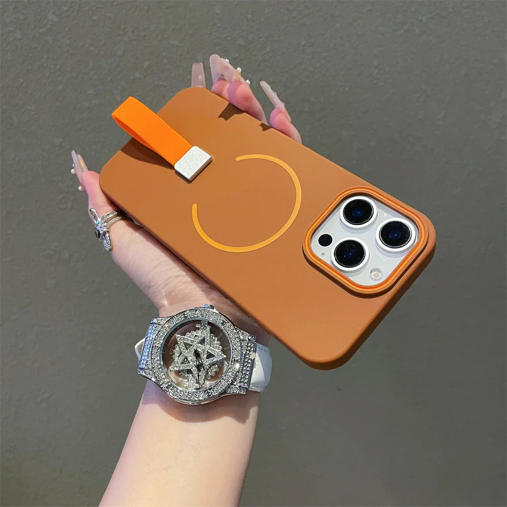 Soft Silicone Strap Magnetic Magsafe Phone Case For iPhone 14 15 16 Pro Max Plus 13 12 11 Wireless Charge Frosted Clashing Cover
