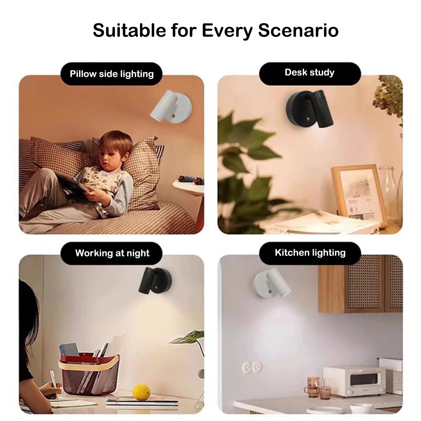 Magnetic Base USB Rechargeable LED Cordless Wall Light with Touch Switch Black White Magnet Dimmable Bedside Lamp for Reading