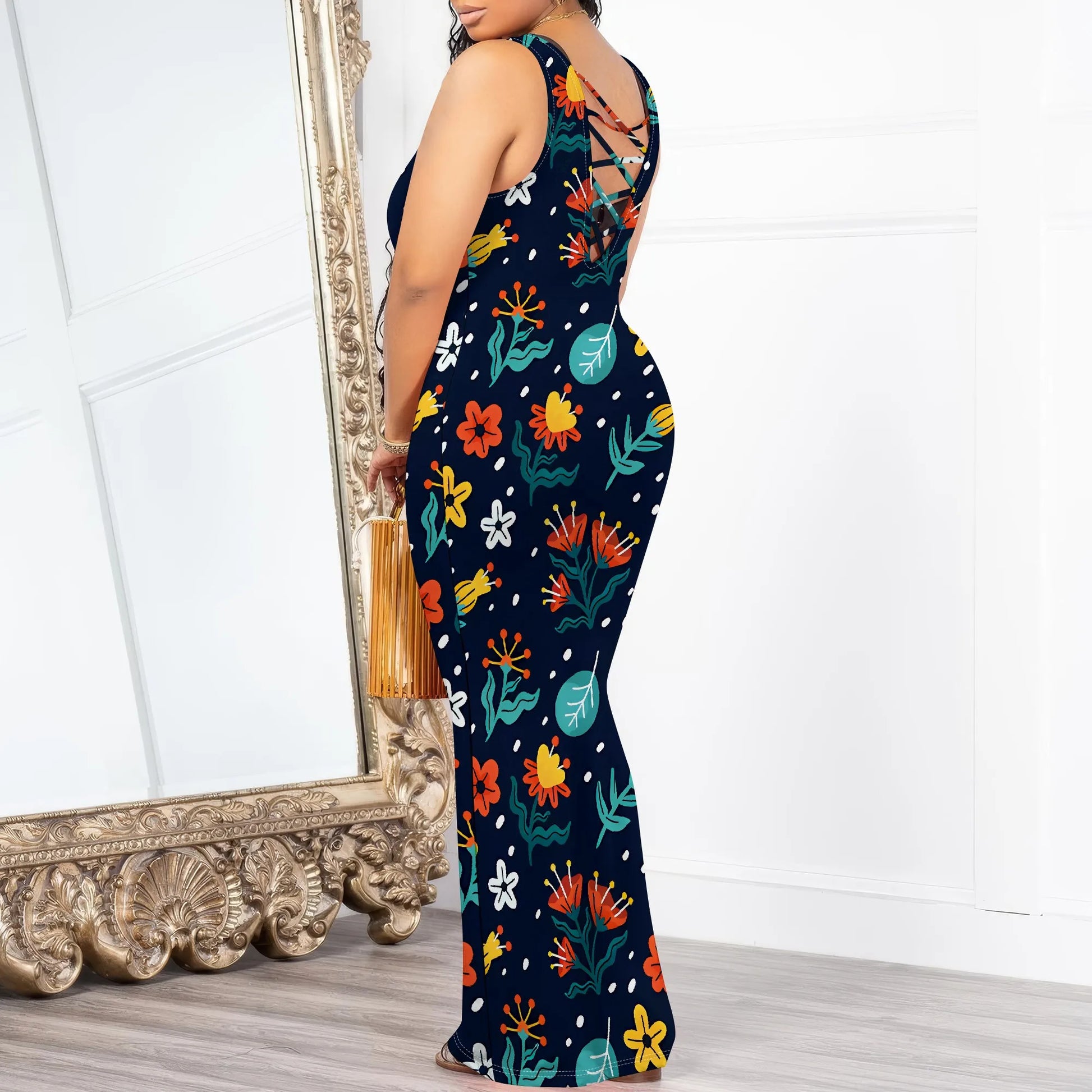 Women's 2025 spring and summer sleeveless knee length dress with hollowed out pullover, butterfly print beach casual dress