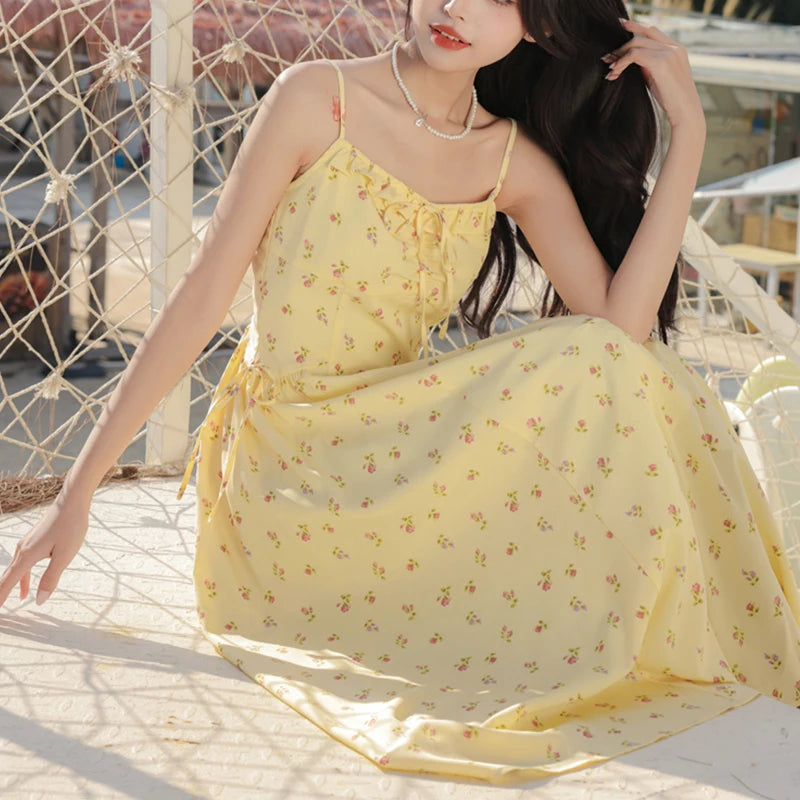 Holiday Floral Printed Spaghetti Strap Sleeveless Women Summer Beach Boho Dress