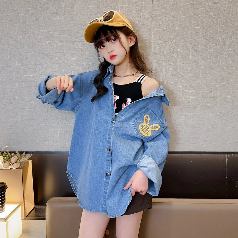 High Fashion Cowgirl Denim Blouses with Rabbit Print for Teenage Girl Loose Casual Long Sleeve Denim Shirt Blouse for Kids Child