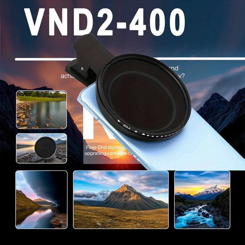 67mm Clip-on ND2-400 Phone Camera Lens Filter Kit Adjustable Neutral Density Filter for iPhone 16 15 14 13 12 11 Android Phone