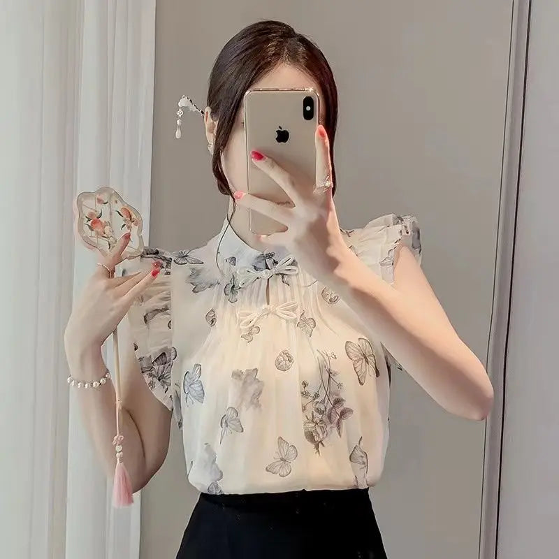 Chinese Style Top for Women Retro Style Small Flying Sleeve Chiffon Floral Shirt Summer Top