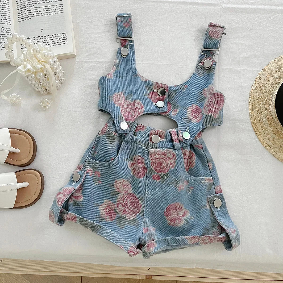 3PCS Summer Floral Girls Denim Tops Overalls Set with Thin Inner T-shirt Outfit for 2-10 Years Children Girls Cool Outfit
