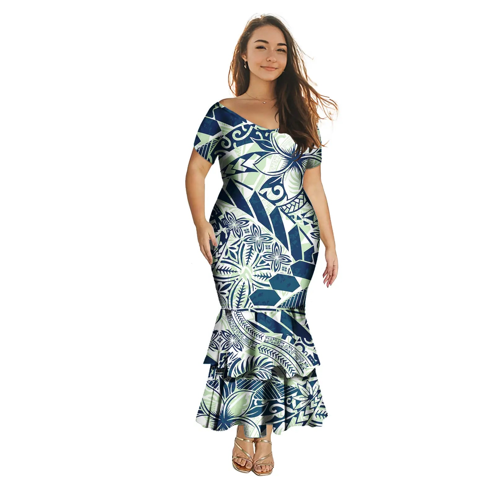 Fashion Puletasi Polynesian Dress for Women Luxury Print Maxi Mermaid Evening Dress Sexy Off Shoulder Dresses