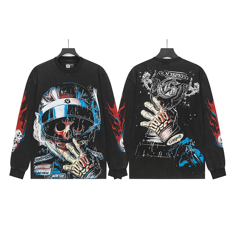 American Streetwear Godspeed Long Sleeve Skeleton Racer Print Washed Do Old Loose Casual Long-sleeved Men Women T-Shirt