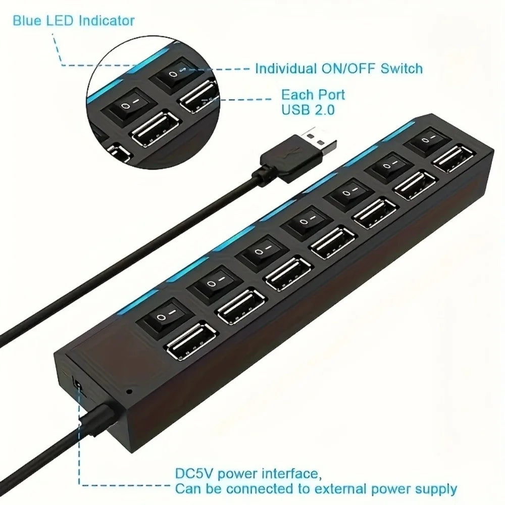 USB 2.0 Hub 4/7 Port Splitter Power Adapter With ON/OFF Switch Multiple Expander HUB For PC Laptop MacBook Desktop Accessories