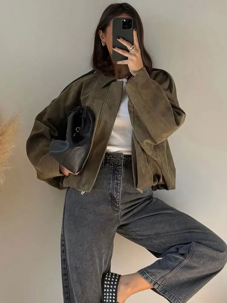 HH Women Brown Green Suede Jacket Loose Casual Bomber Coat Lapel Zipper Long Sleeve Jackets Vintage Lady Motorcycle Outwears