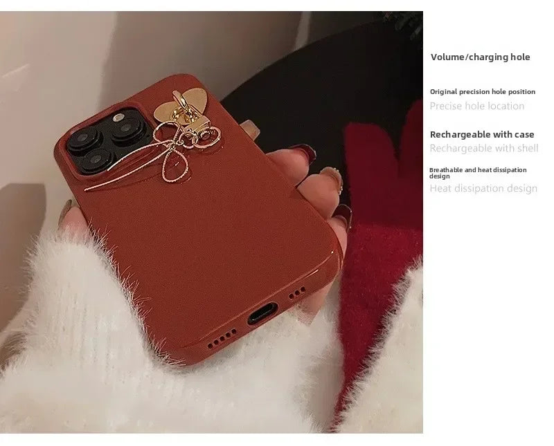 Korean Cute Bow Pendant Chain Red Phone Case For iPhone 16 15 14 13 12 11 Pro Max Xsmax XR X Shockproof Soft Back Cover Coque