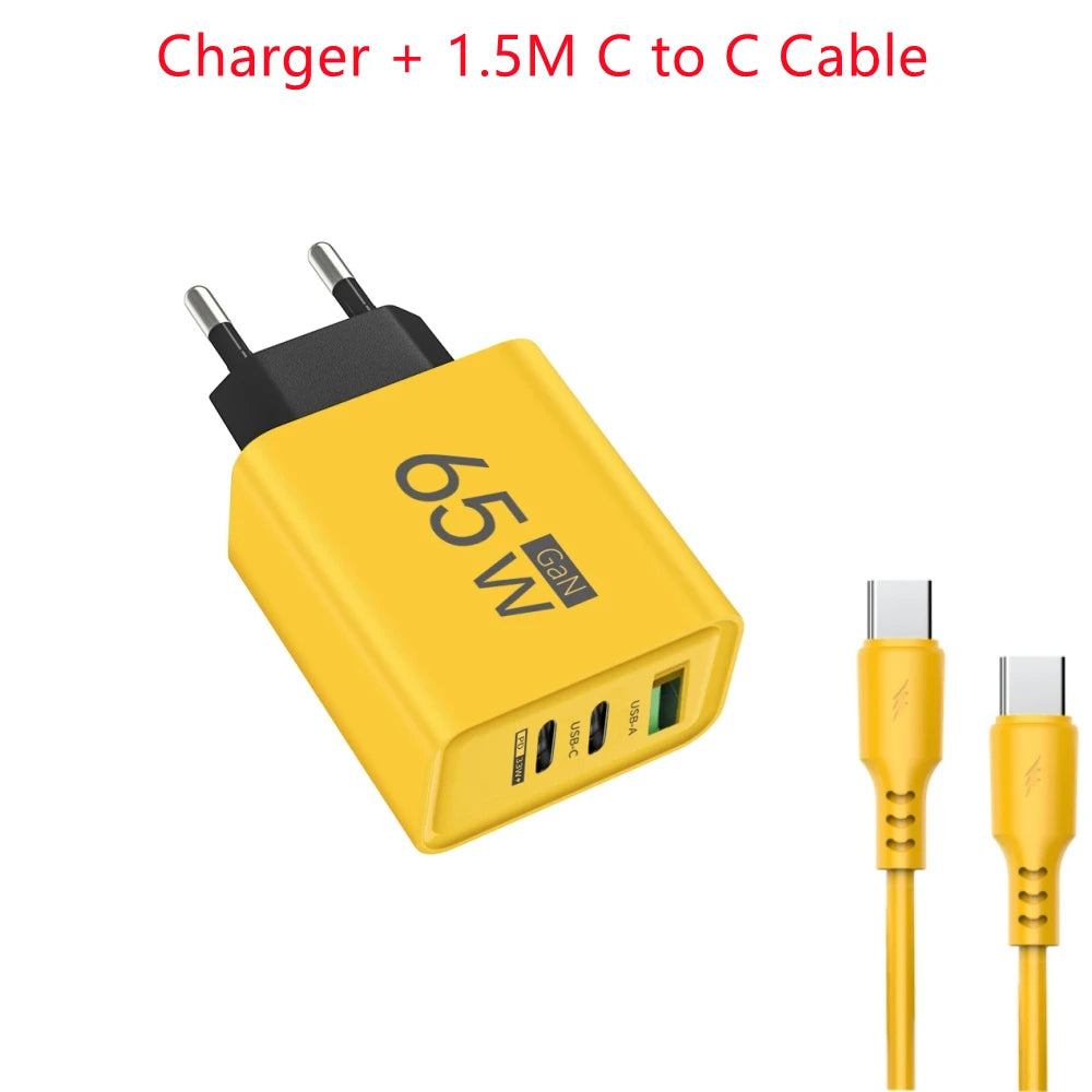 65W 3 Ports GaN USB PD Charger Fast Charging Type C Mobile Phone Adapter Quick Charger 3.0 For iPhone 15 Samsung Xiaomi Huawei