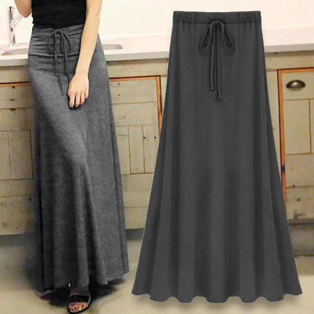 Maxi Skirt forAdjustable Drawstring High Waist Side Slit Large Hem Long Skirt Solid Color A-Line Skirt